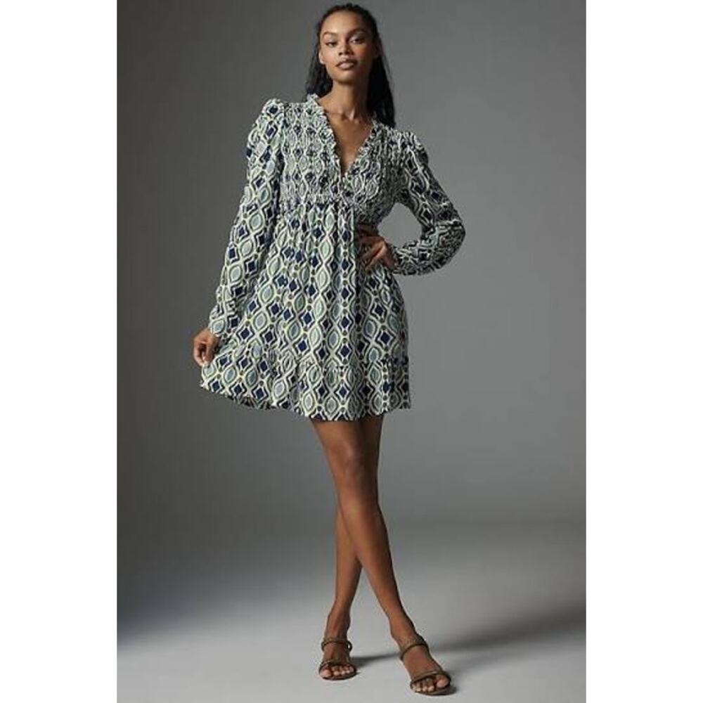 Anthropologie Blue Pattern Long Sleeve V Neck Ruffle Mini Dress Womens Medium